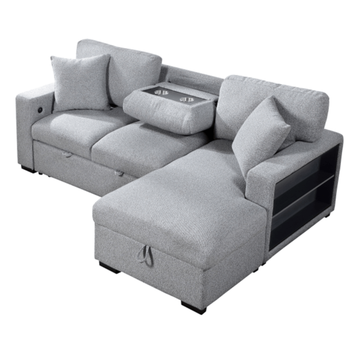 Pompano Sectional with Right Chaise, Pull-out Bed, Hidden Storage and Shelves, Charging Ports By Home Elegance no background drop down open product image
