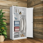 Metal Armoire Wardrobe Closet Cabinet with Lock Doors, -72" Steel Lockable Wardrobe in White in room product image