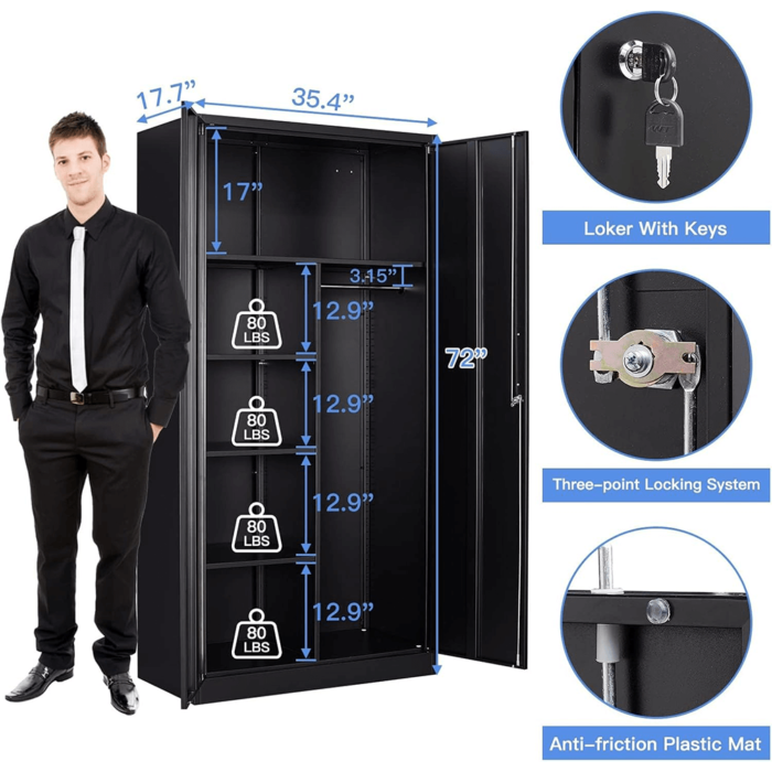 Metal Armoire Wardrobe Closet Cabinet with Lock Doors, -72" Steel Lockable Wardrobe in Black dimensions product image