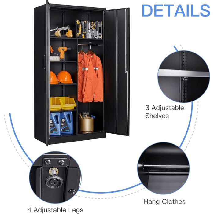 Metal Armoire Wardrobe Closet Cabinet with Lock Doors, -72" Steel Lockable Wardrobe in Black details product image