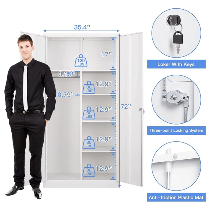 Metal Armoire Wardrobe Closet Cabinet with Lock Doors, -72" Steel Lockable Wardrobe in White dimensions product image