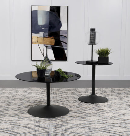 Ganso 2-piece Round Glass Top Coffee and End Table Set Black product image