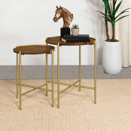 Malka 2-piece Round Wood Nesting Table Dark Brown and Gold product image