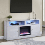 Lucifer White Walnut TV Stand with Fireplace By Lilola in room lights on product image
