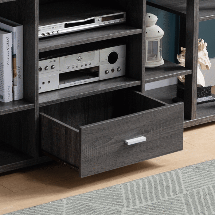 Distressed Grey TV Stand with 8 Shelves and Drawer By ID USA drawer close up product image