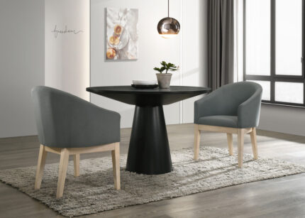 Jasper Ebony Black 3 Piece 47" Round Dining Table Set with Pedestal Base and Gray Barrel Chairs product image