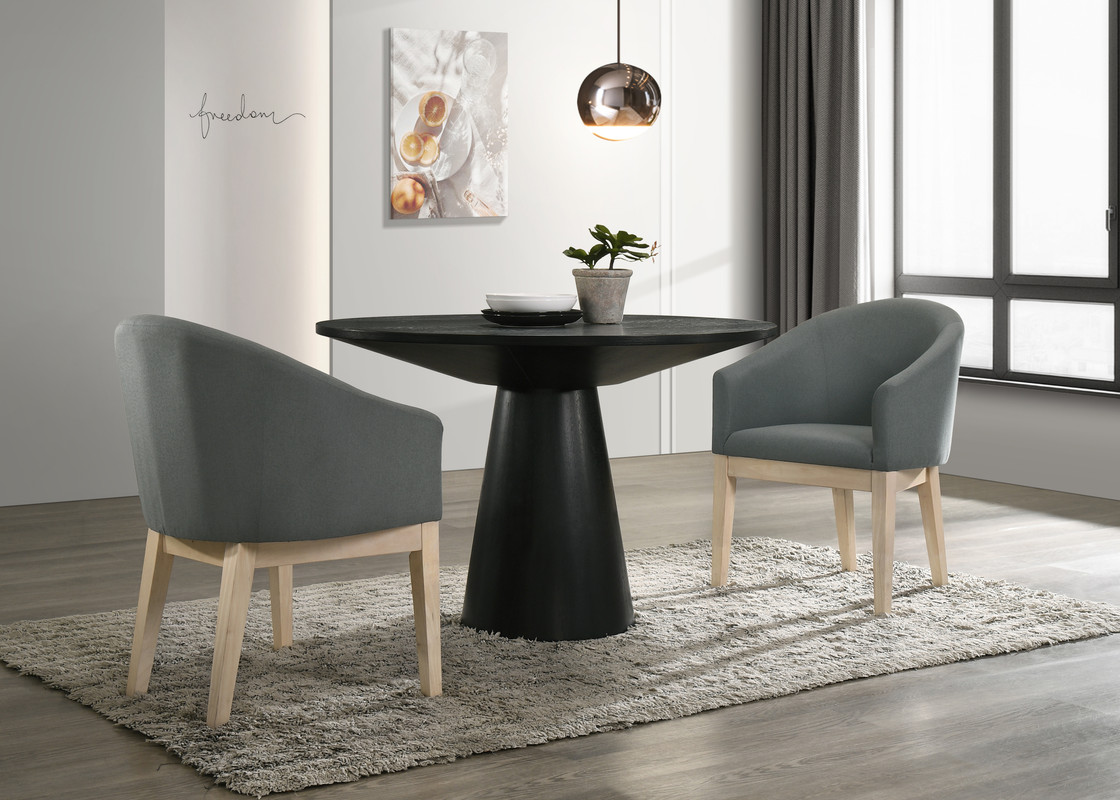 Jasper Ebony Black 3 Piece 47" Round Dining Table Set with Pedestal Base and Gray Barrel Chairs Jasper Ebony Black 3 Piece 47" Round Dining Table Set with Pedestal Base and Gray Barrel Chairs product image