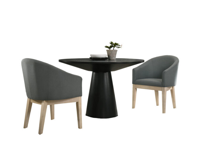 Jasper Ebony Black 3 Piece 47" Round Dining Table Set with Pedestal Base and Gray Barrel Chairs product image