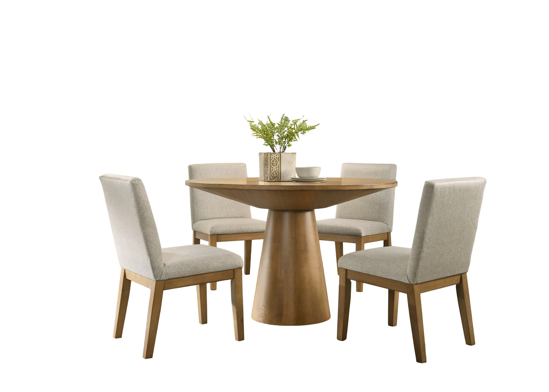 Jasper Driftwood Finish 5 Piece 47"W Contemporary Round Dining Table Set with Pedestal Base and Beige Fabric Chairs product image