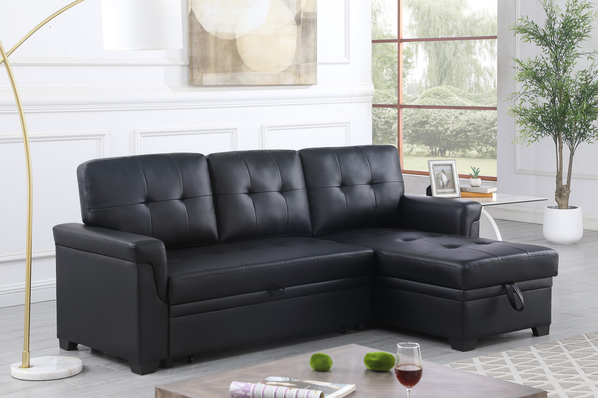 Lucca 84"W Black Vegan Leather Modern Reversible Sleeper Sectional Sofa with Storage Chaise Lucca 84"W Black Vegan Leather Modern Reversible Sleeper Sectional Sofa with Storage Chaise product image