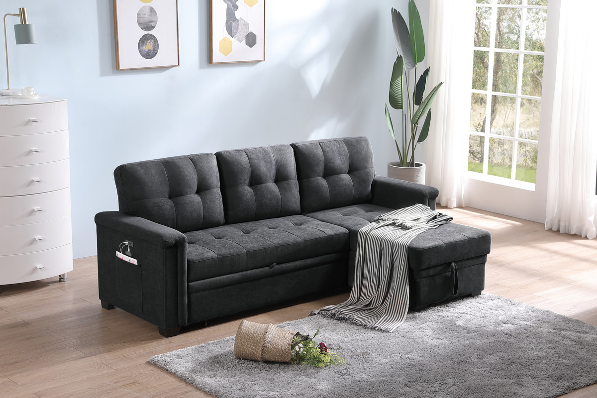 Ashlyn 84"W Dark Gray Woven Fabric Sleeper Sectional Sofa Chaise with USB Charger and Tablet Pocket product image