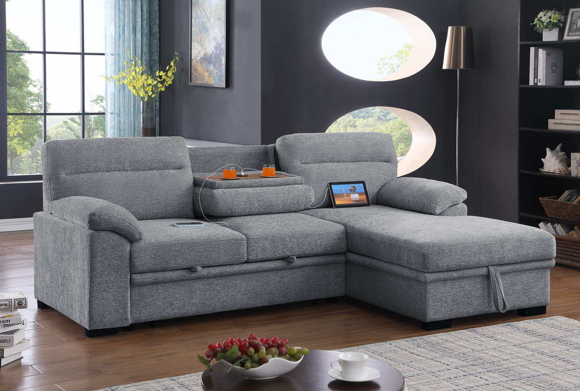 Kipling II 94"W Light Gray Chenille Fabric Sleeper Sectional Sofa with Right-Facing Chaise product image