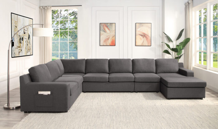 Waylon 145.5"W Gray Linen 7-Seater U-Shape Sectional Sofa Chaise with Pocket product image