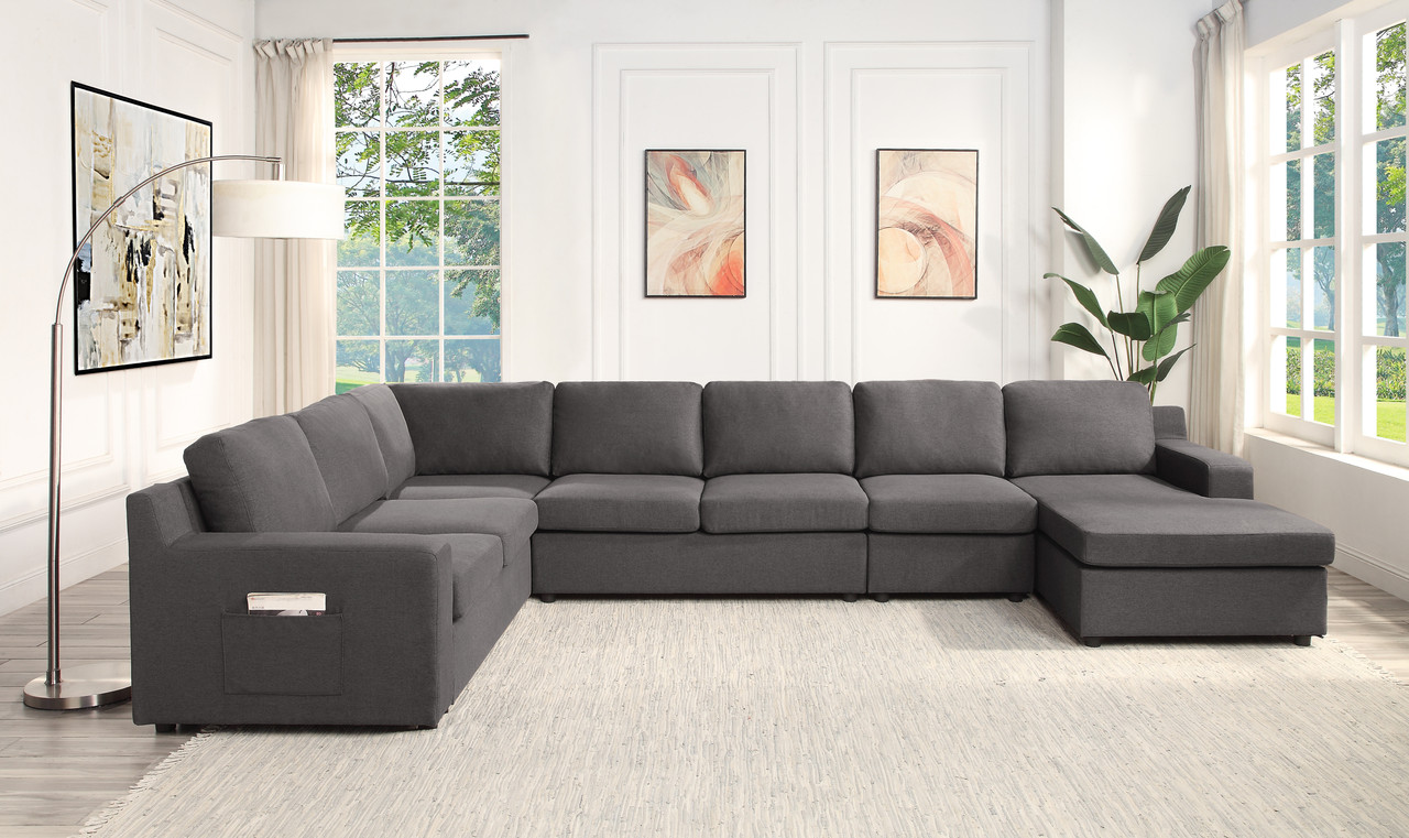 Waylon 145.5"W Gray Linen 7-Seater U-Shape Sectional Sofa Chaise with Pocket Waylon 145.5"W Gray Linen 7-Seater U-Shape Sectional Sofa Chaise with Pocket product image