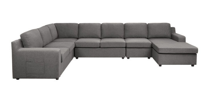Waylon 145.5"W Gray Linen 7-Seater U-Shape Sectional Sofa Chaise with Pocket product image
