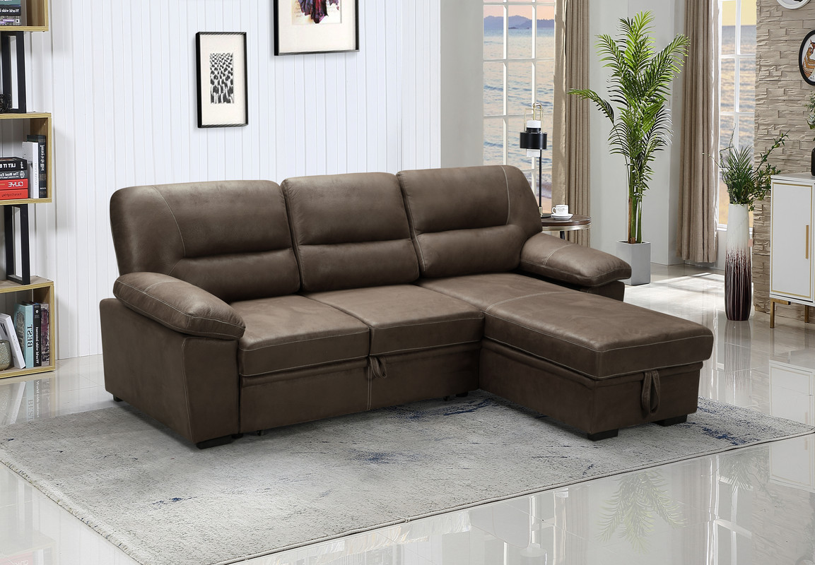 Kipling 99"W Saddle Brown Microfiber Reversible Sleeper Sectional Sofa Chaise product image