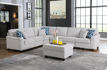 Leo 125"W Light Gray Linen 7Pc Modular L-Shape Sectional Sofa and Ottoman product image