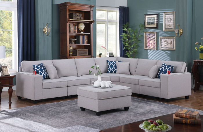 Cooper 125"W Light Gray Linen 7Pc Reversible L-Shape Sectional Sofa with Ottoman and Cupholder product image
