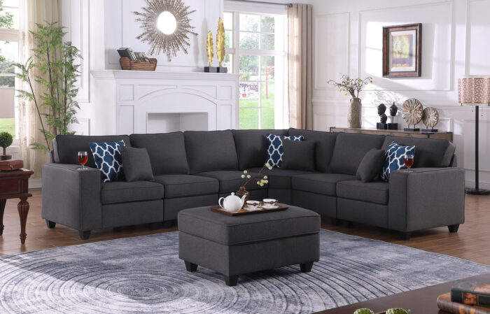 Cooper 125"W Dark Gray Linen 7Pc Reversible L-Shape Sectional Sofa with Ottoman and Cupholder product image