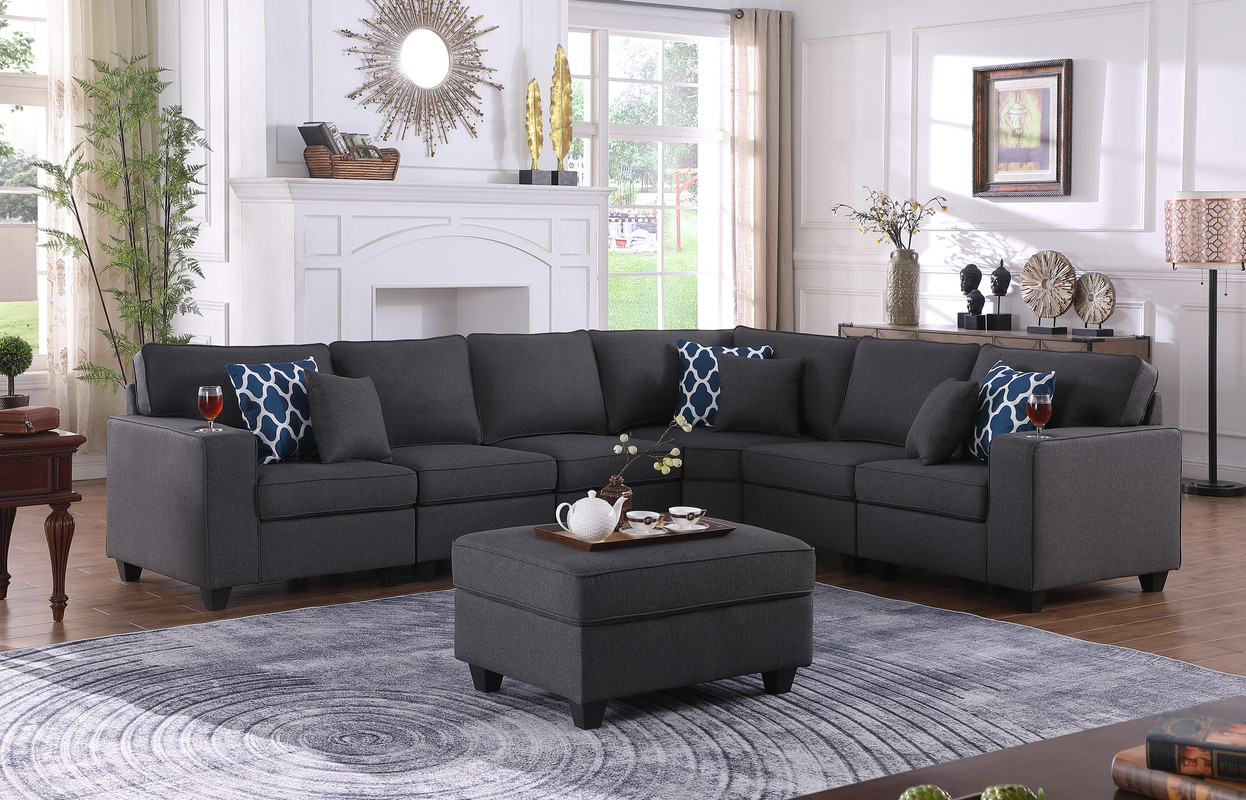 Cooper 125"W Dark Gray Linen 7Pc Reversible L-Shape Sectional Sofa with Ottoman and Cupholder Cooper 125"W Dark Gray Linen 7Pc Reversible L-Shape Sectional Sofa with Ottoman and Cupholder product image