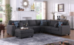 Cooper 125"W Dark Gray Linen 7Pc Reversible L-Shape Sectional Sofa with Ottoman and Cupholder product image
