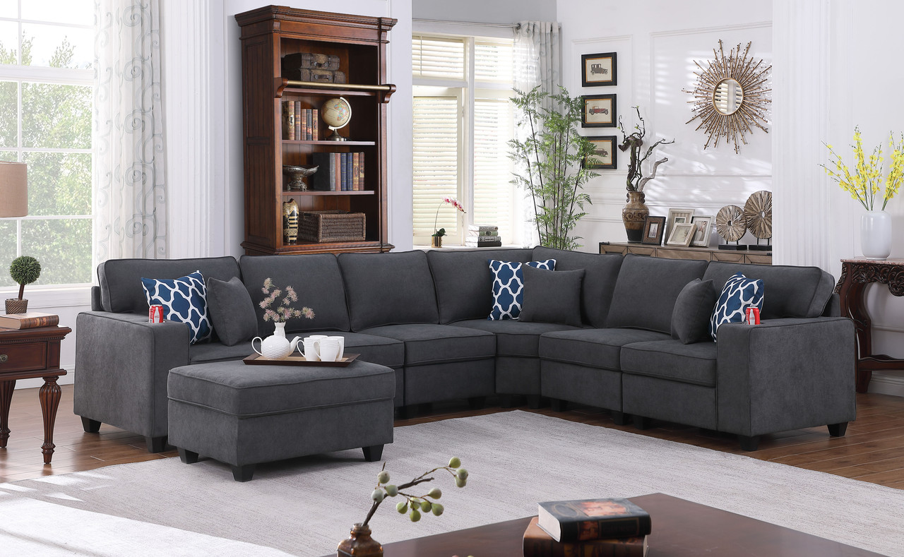 Cooper 125"W Stone Gray Woven Fabric 7Pc Reversible L-Shape Sectional Sofa with Ottoman and Cupholder Cooper 125"W Stone Gray Woven Fabric 7Pc Reversible L-Shape Sectional Sofa with Ottoman and Cupholder product image