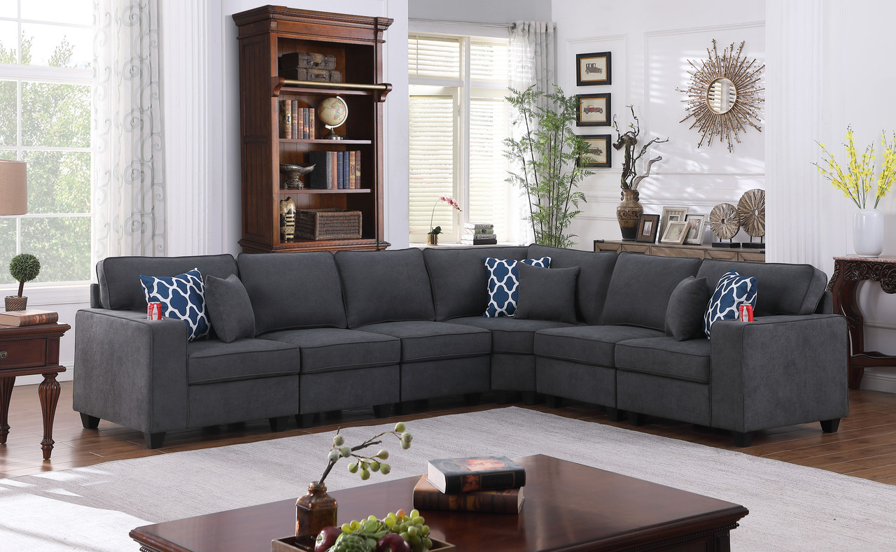 Cooper 125"W Stone Gray Woven Fabric 6Pc Reversible L-Shape Sectional Sofa with Cupholder Cooper 125"W Stone Gray Woven Fabric 6Pc Reversible L-Shape Sectional Sofa with Cupholder product image