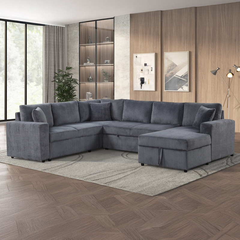 Ruxley 123"W Gray Corduroy Sleeper Sectional Sofa with Right-Facing Storage Chaise and Throw Pillows product image