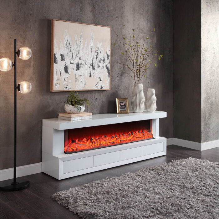 Dorian 71"W White Finish TV Stand with Fireplace and Speaker product image