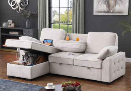 Mackenzie 91"W Beige Chenille Fabric Reversible Sleeper Sectional with Storage Chaise