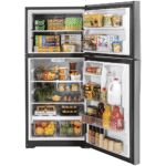 GE 19.2 Cu. Ft. Garage Ready Top-Freezer Refrigerator open with food product image