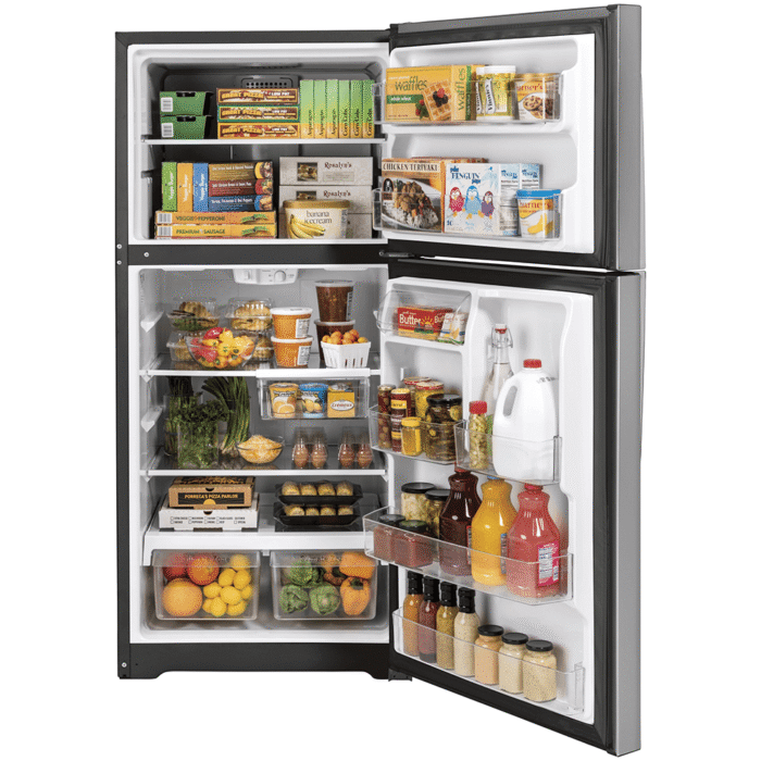 GE 19.2 Cu. Ft. Garage Ready Top-Freezer Refrigerator open with food product image