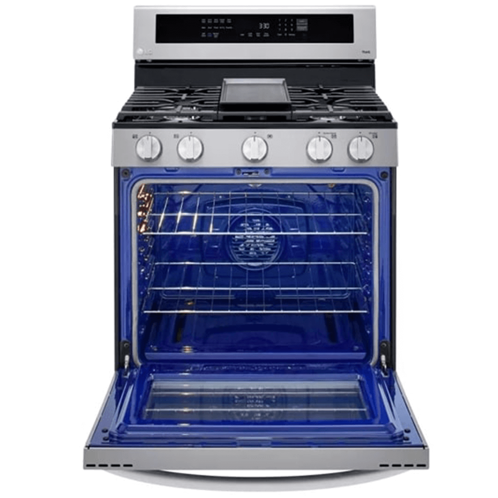 LRGL5825F  5.8 cu ft. Smart Wi-Fi Enabled True Convection InstaView Gas Range with Air Fry oven open