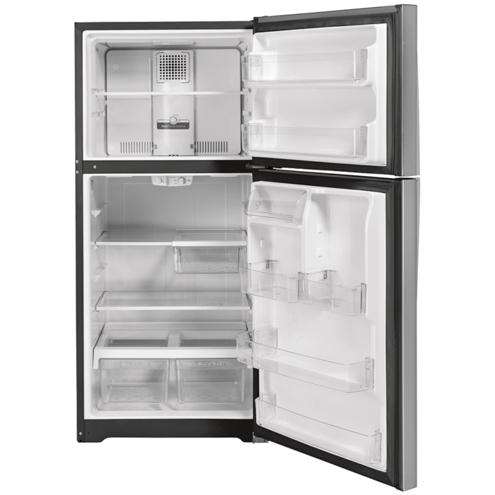 GE 19.2 Cu. Ft. Garage Ready Top-Freezer Refrigerator open no food product image