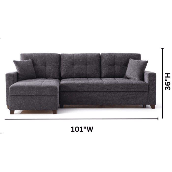Mocca Convertible Sectional Sofa with Queen Bed & Storage By Demka dimensions head on product image