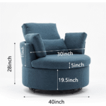41" Oversized Coastal Swivel Chair - Blue Chenille Fabric, 360° Rotation with Wheels, Plush Armchair for Living Room & Office By Simply Relax head on dimensions product image