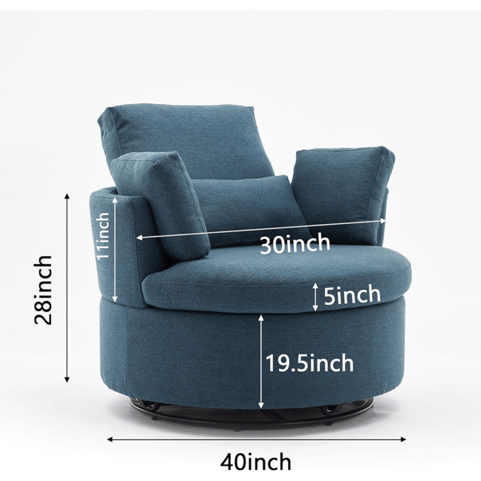 41" Oversized Coastal Swivel Chair - Blue Chenille Fabric, 360° Rotation with Wheels, Plush Armchair for Living Room & Office By Simply Relax head on dimensions product image