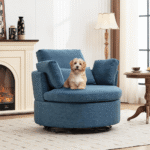 41" Oversized Coastal Swivel Chair - Blue Chenille Fabric, 360° Rotation with Wheels, Plush Armchair for Living Room & Office By Simply Relax with dog showing product image