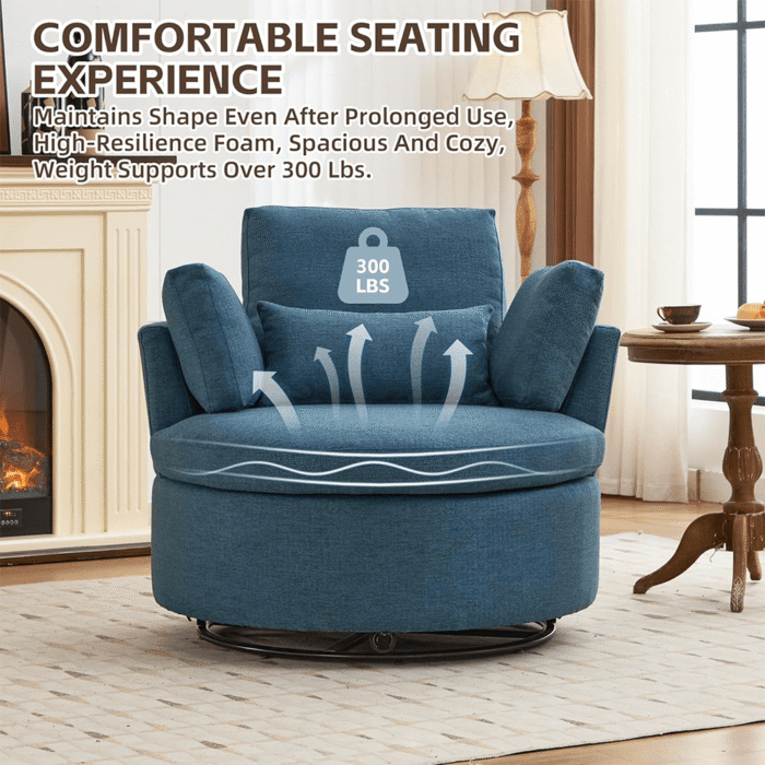 41" Oversized Coastal Swivel Chair - Blue Chenille Fabric, 360° Rotation with Wheels, Plush Armchair for Living Room & Office By Simply Relax weight limit product image
