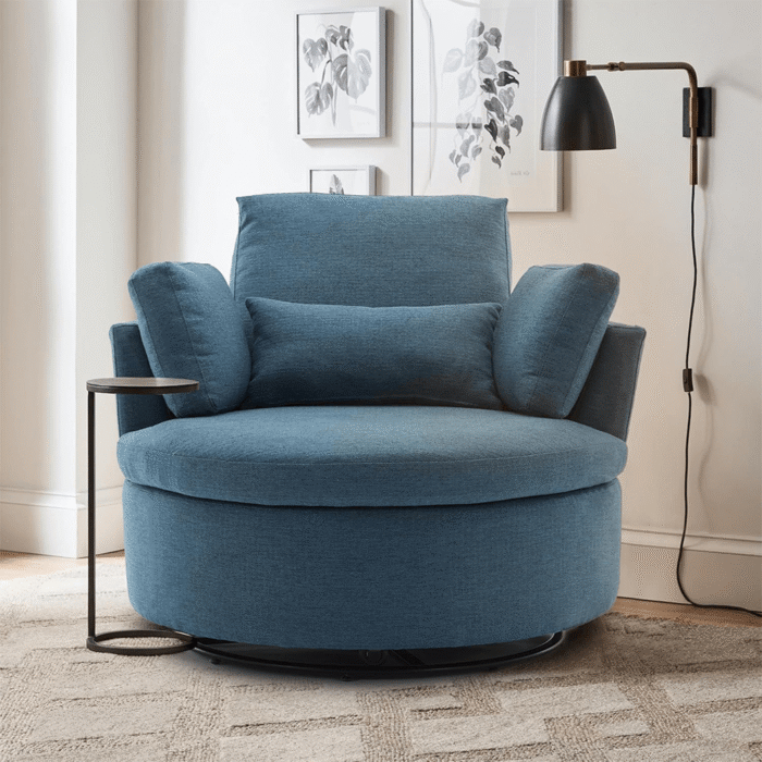 41" Oversized Coastal Swivel Chair - Blue Chenille Fabric, 360° Rotation with Wheels, Plush Armchair for Living Room & Office By Simply Relax head on product image