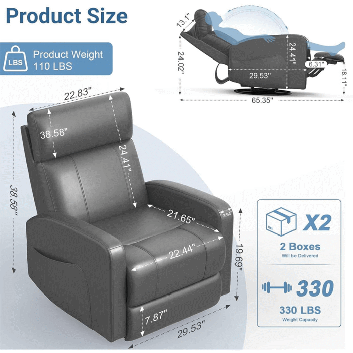 Power Swivel Rocker Recliner in Grey By Simply Relax dimensions product image