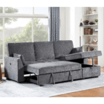 A87717 Emmy Grey Sofa Sleeper Sectional with Reversible Chaise By Lilola showing sleeper open and storage open product image