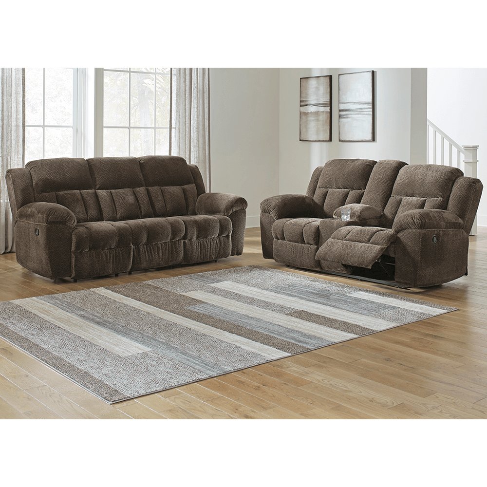 Frohn Manual Reclining Sofa and Loveseat with Console in Brown By Ashley no tables product image