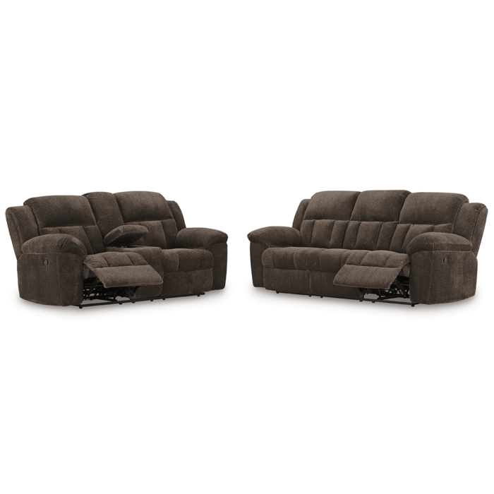 Frohn Manual Reclining Sofa and Loveseat with Console in Brown By Ashley recliner open no background product image