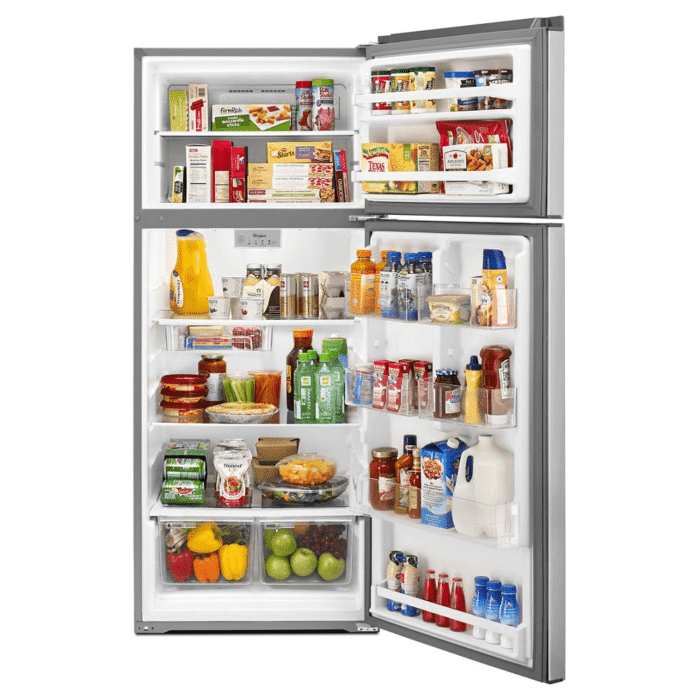 WRT518SZFM 28-inch Wide 18 Cu. Ft. Refrigerator Compatible By Whirlpool door open with food in it product image