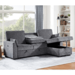 A87717 Emmy Grey Sofa Sleeper Sectional with Reversible Chaise By Lilola in room showing dropdown and storage open product image