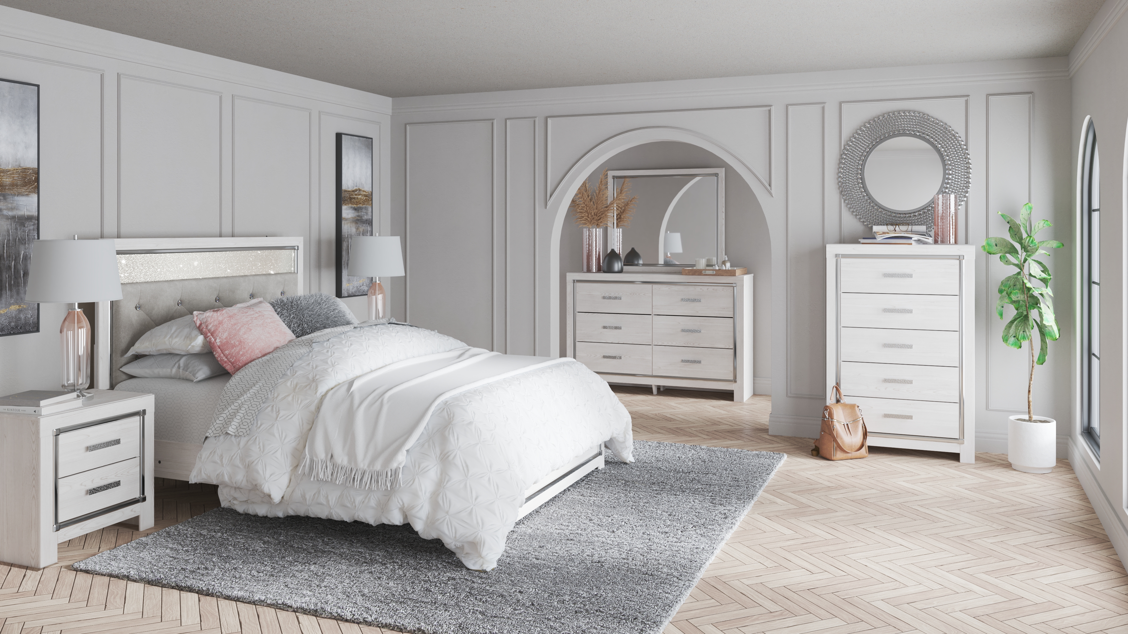 Altyra Queen Upholstered Panel Bed, Dresser, Mirror, and Chest - Ashley Direct