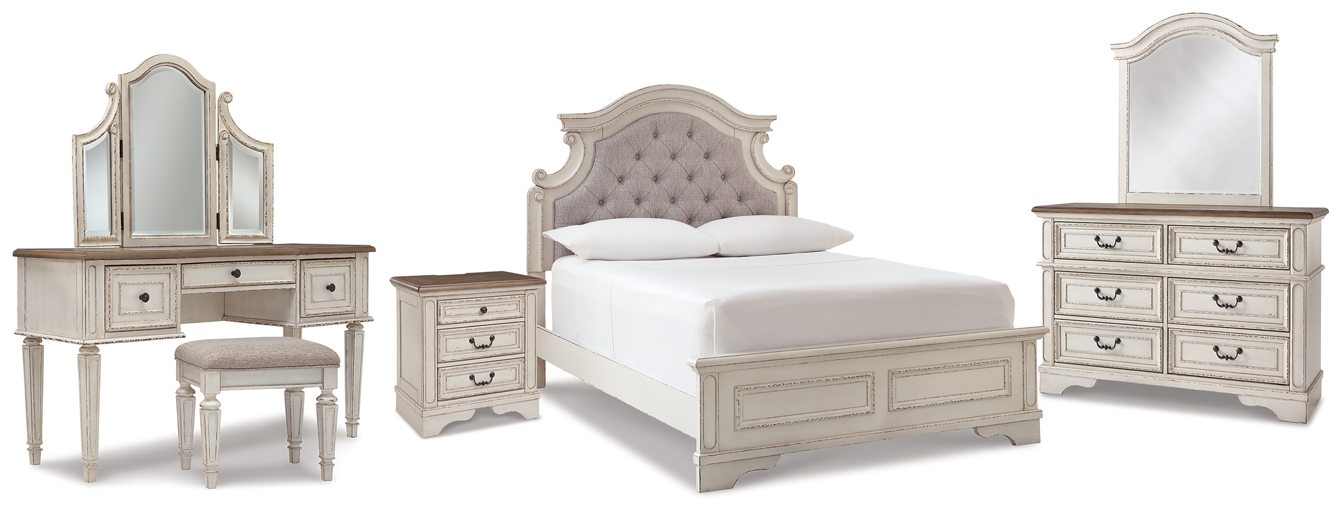 Realyn Full Panel Bed, Dresser, Mirror, 3-Piece Vanity and Nightstand - Ashley Direct