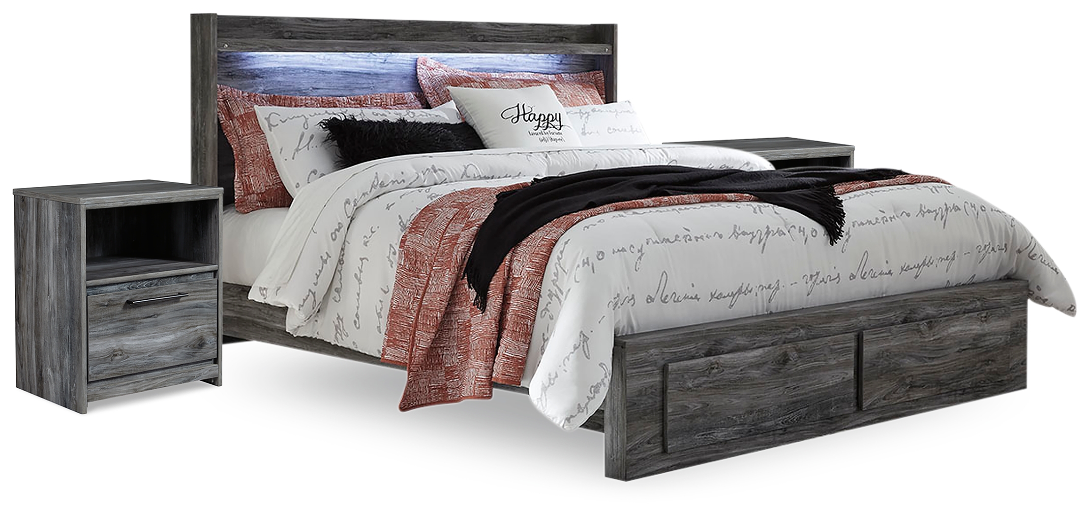 Baystorm King Panel Storage Bed and 2 Nightstands - Ashley Direct