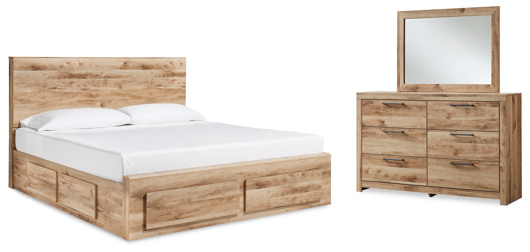 Hyanna King Panel Storage Bed with 1 Side Storage, Dresser and Mirror - Ashley Direct